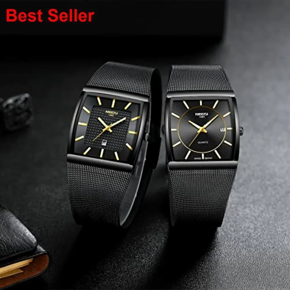 Stainless Steel Square Analog Quartz Watch with Mesh Strap
